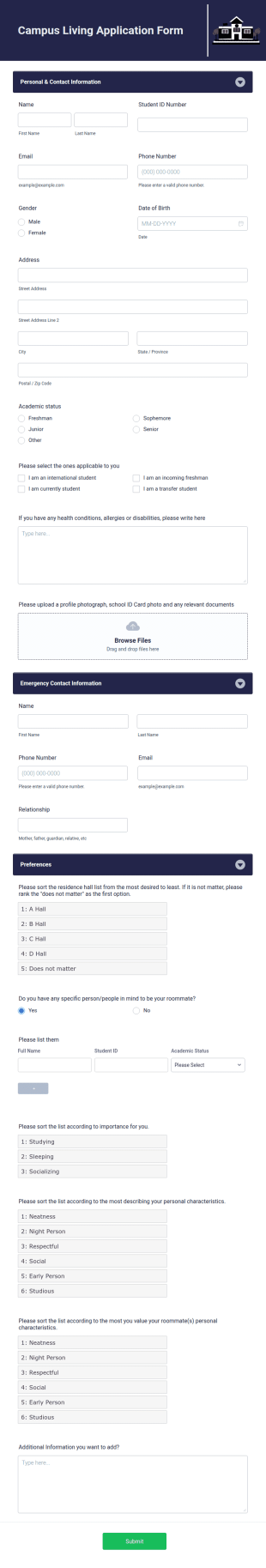 Campus Living Application Form Template