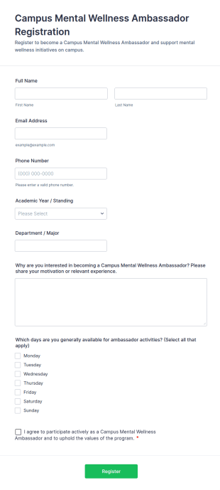 Campus Mental Wellness Ambassador Registration Form Template