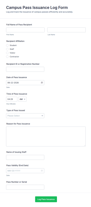 Campus Pass Issuance Log Form Template