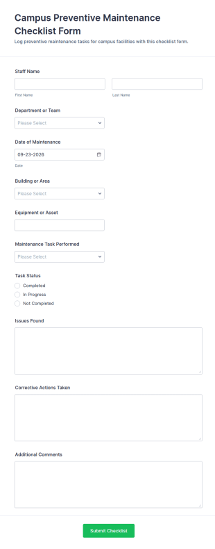 Campus Preventive Maintenance Checklist Form Template