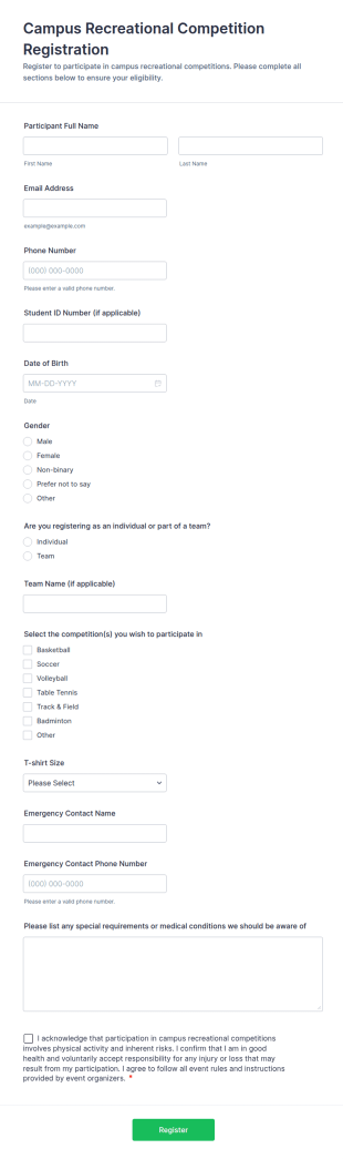 Campus Recreational Competition Registration Form Template