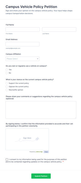 Campus Vehicle Policy Petition Form Template