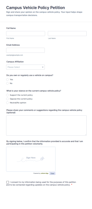 Campus Vehicle Policy Petition Form Template