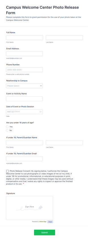 Campus Welcome Center Photo Release Form Template