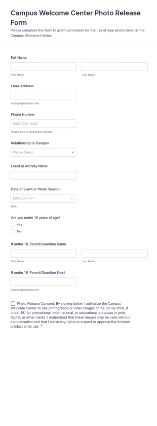 Campus Welcome Center Photo Release Form Template