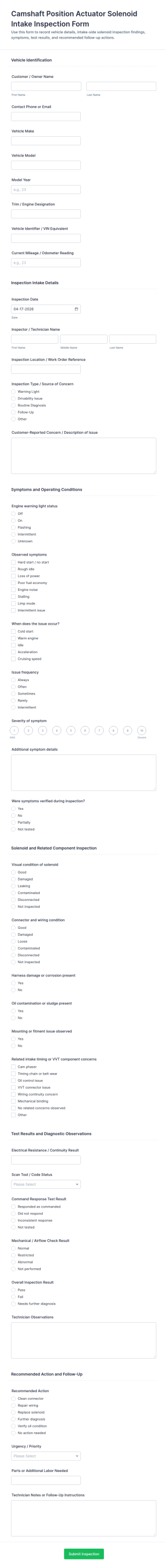 Camshaft Position Actuator Solenoid Intake Inspection Form Template