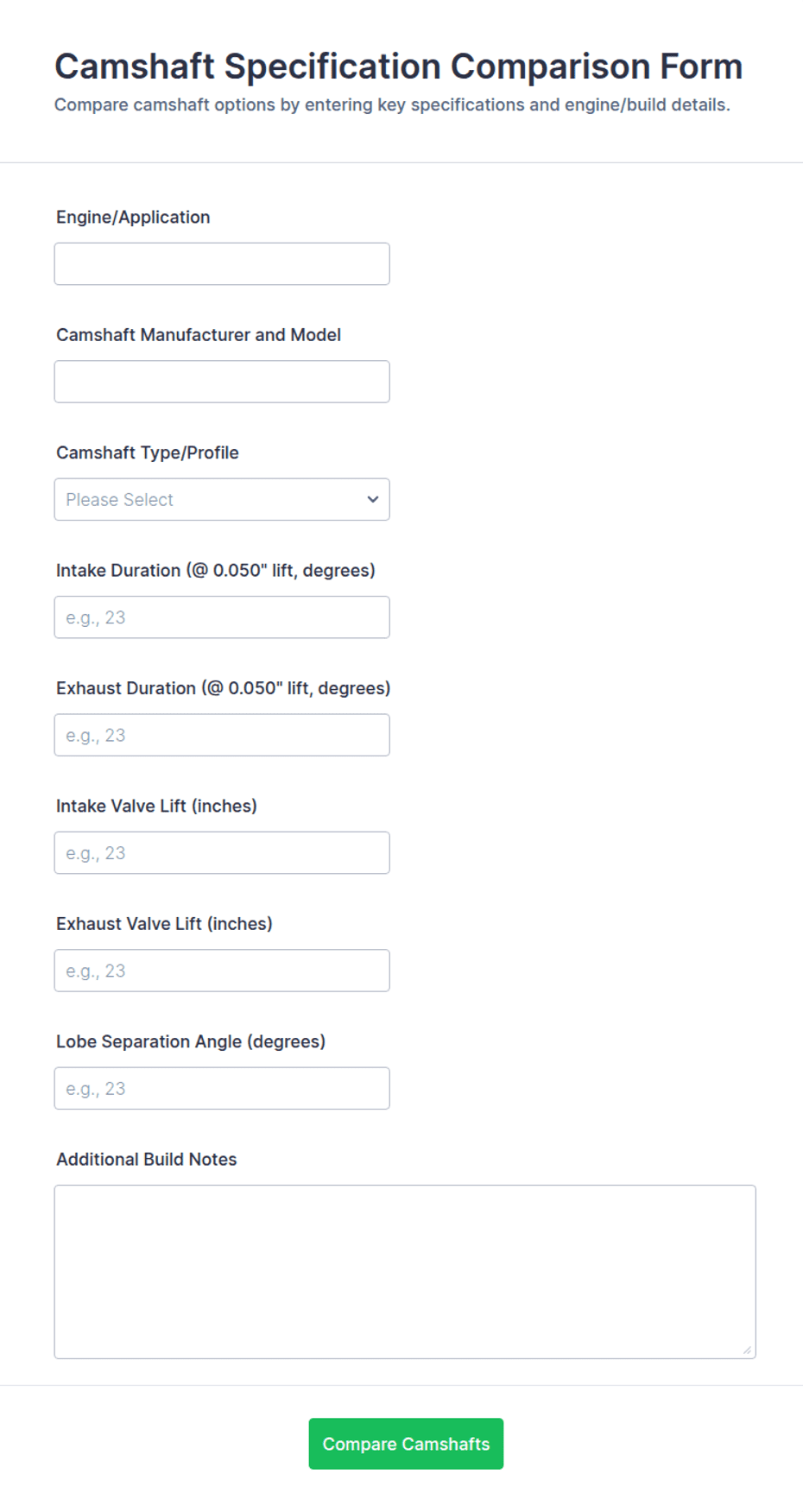 Camshaft Specification Comparison Form Template | Jotform