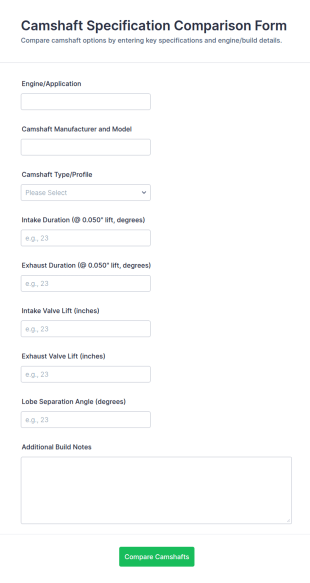 Camshaft Specification Comparison Form Template