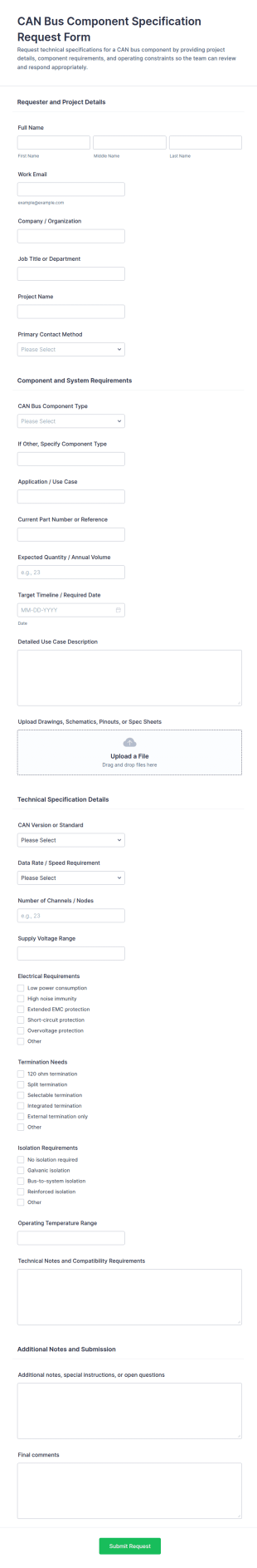 CAN Bus Component Specification Request Form Template