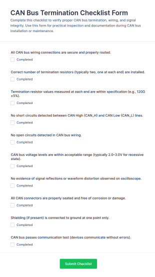 CAN Bus Termination Checklist Form Template