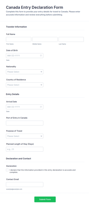 Canada Entry Declaration Form Template