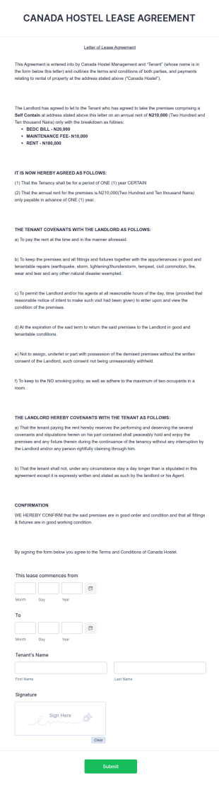 Canada Hostel Lease Agreement Form Template