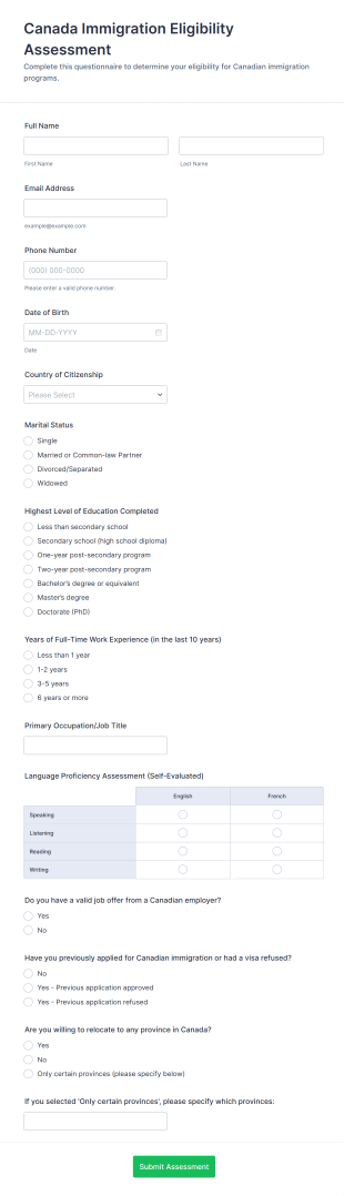 Canada Immigration Eligibility Assessment Form Template