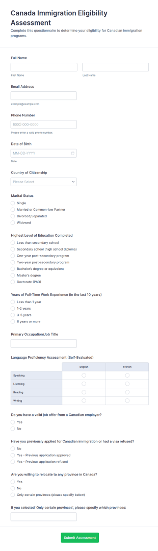 Canada Immigration Eligibility Assessment Form Template