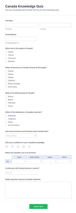 Canada Knowledge Quiz Form Template