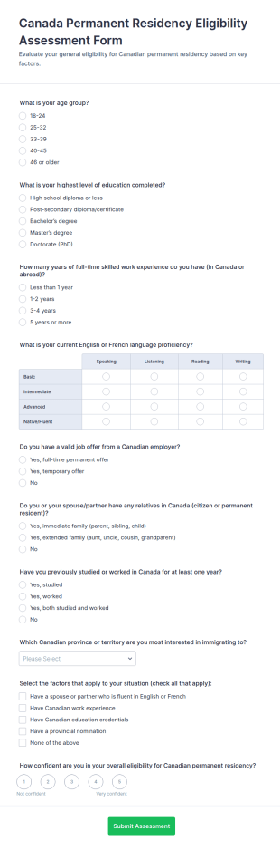 Canada Permanent Residency Eligibility Assessment Form Template
