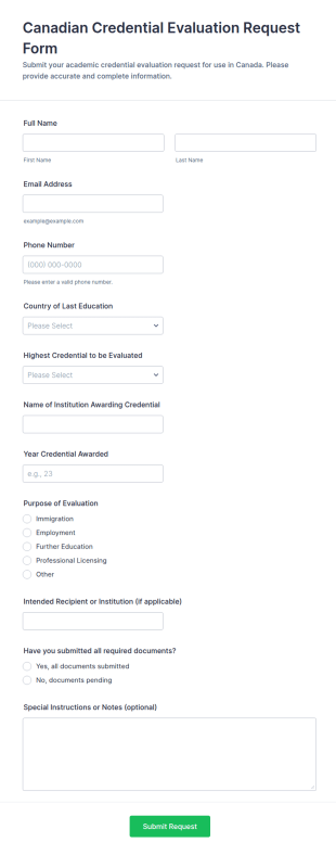 Canadian Credential Evaluation Request Form Template