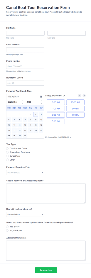 Canal Boat Tour Reservation Form Template