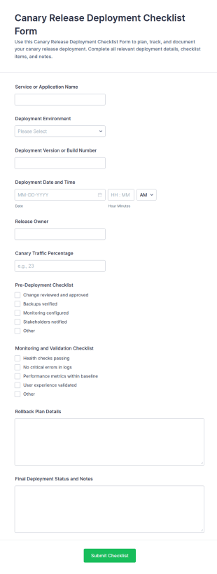 Canary Release Deployment Checklist Form Template