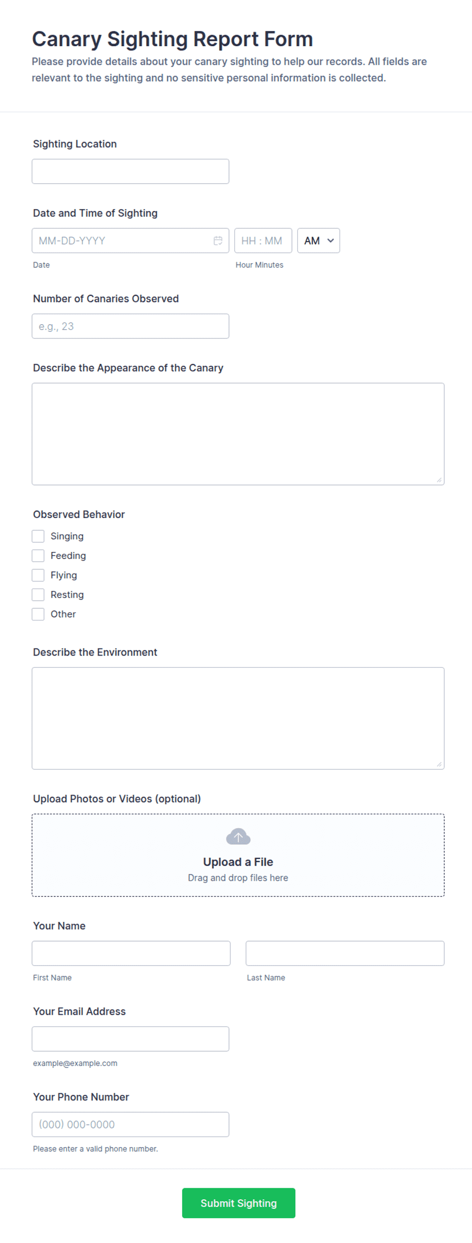 Mircrosoft Forms Report Examples Canary Sighting Report Form Template | Jotform