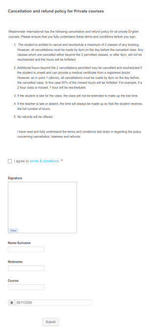 Cancellation And Refund Policy For Private Courses Form Template