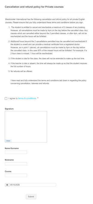 Cancellation And Refund Policy For Private Courses Form Template