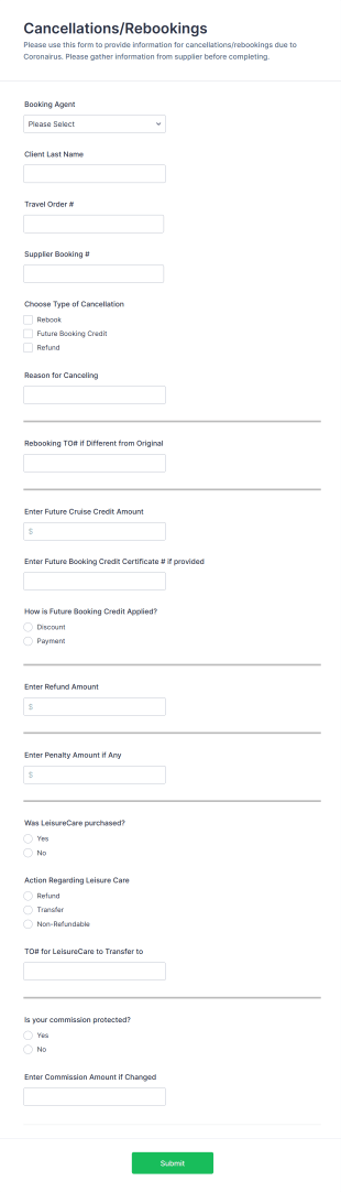 Travel Cancellations And Rebookings Form Template