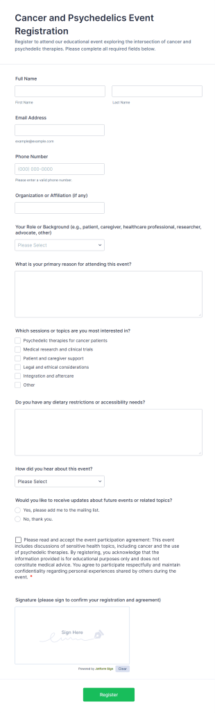 Cancer And Psychedelics Event Registration Form Template