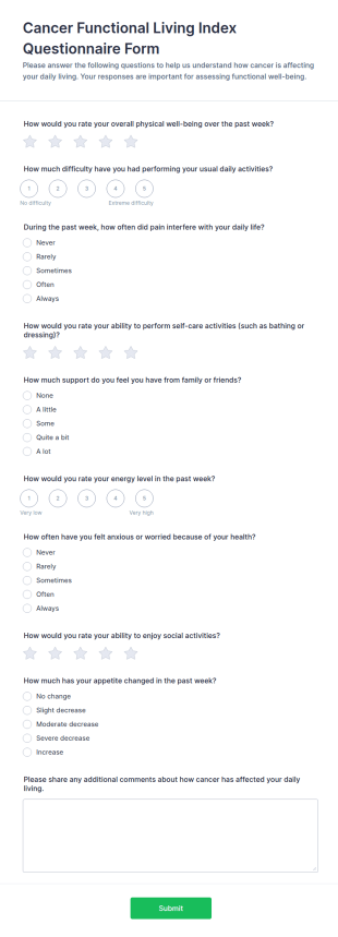 Cancer Functional Living Index Questionnaire Form Template