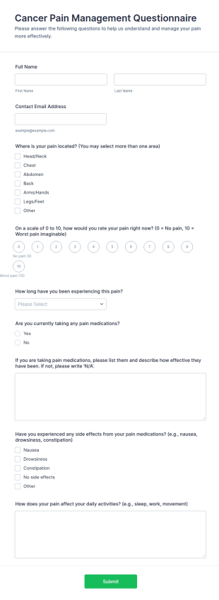 Cancer Pain Management Questionnaire Form Template