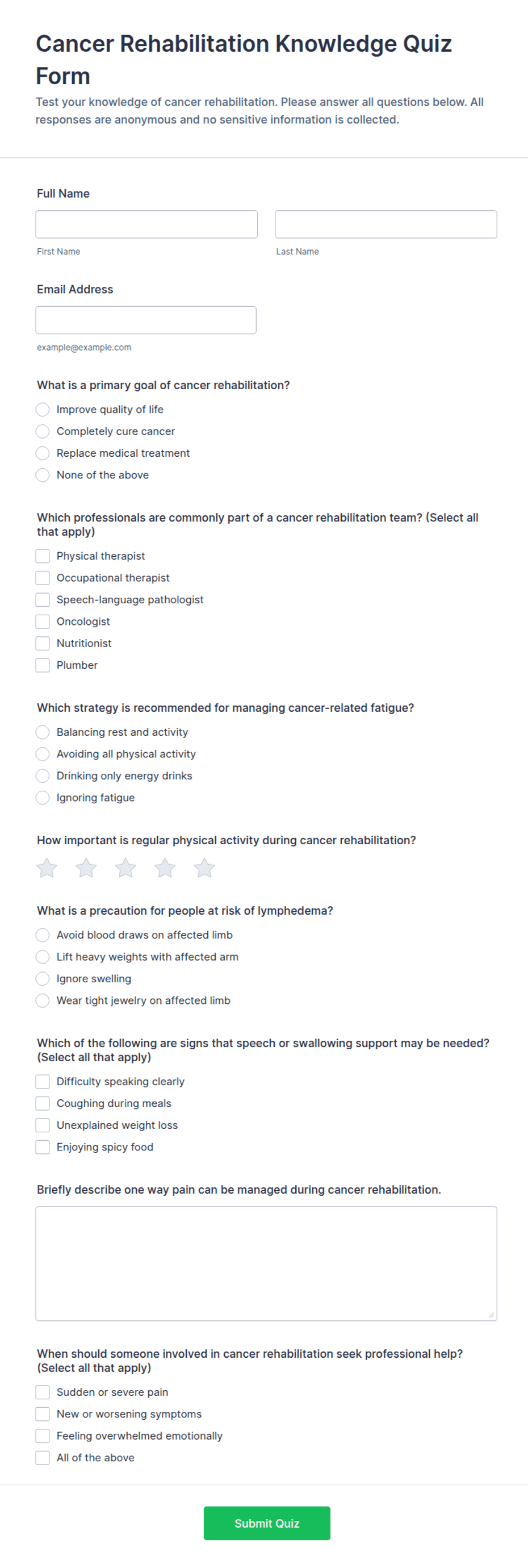 Cancer Rehabilitation Knowledge Quiz Form Template | Jotform