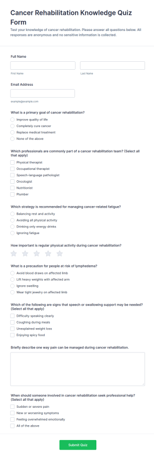 Cancer Rehabilitation Knowledge Quiz Form Template