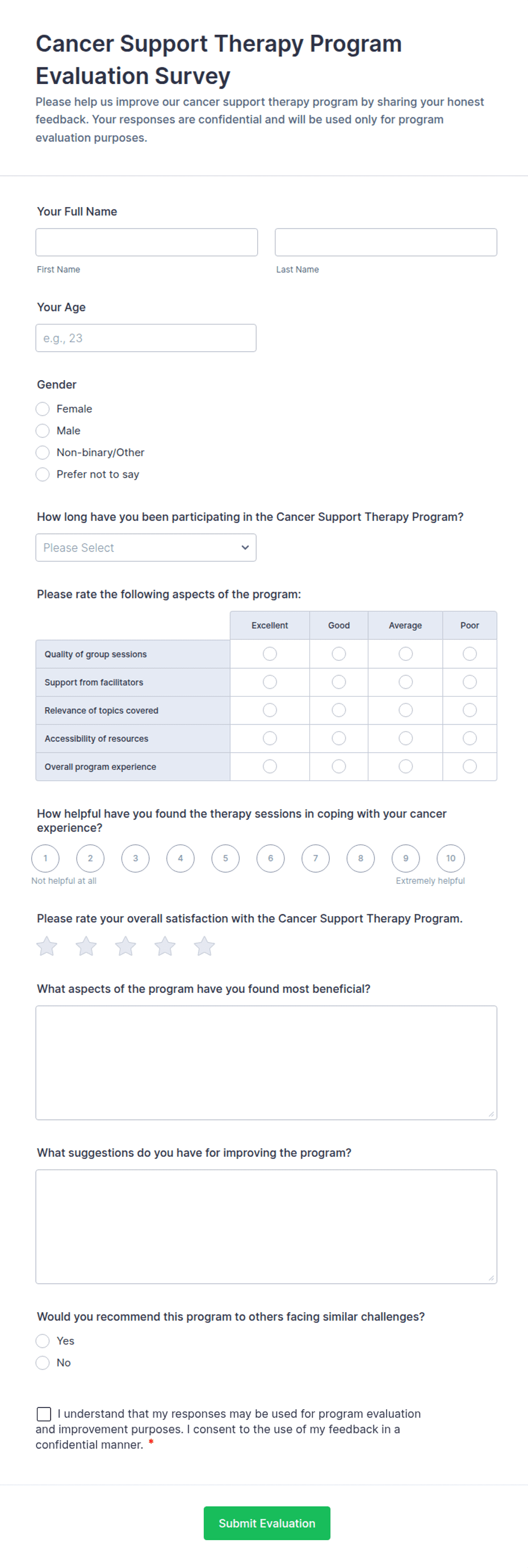 Cancer Support Therapy Program Evaluation Survey Form Template | Jotform