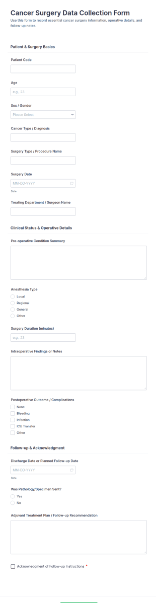 Cancer Surgery Data Collection Form Template