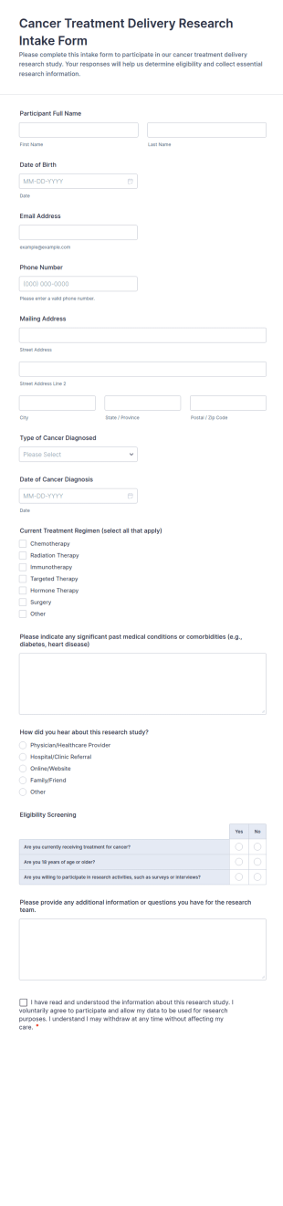 Cancer Treatment Delivery Research Intake Form Template