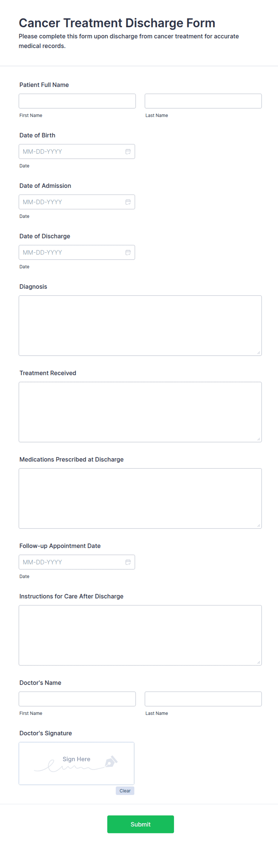 Cancer Form.pdf Cancer Treatment Discharge Form Template | Jotform