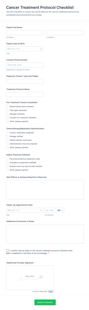 Cancer Treatment Protocol Checklist Form Template