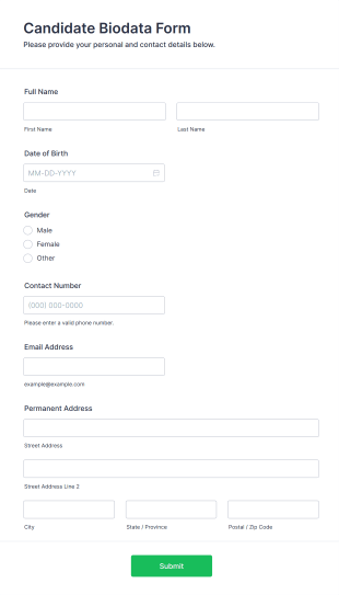 Candidate Biodata Form Template