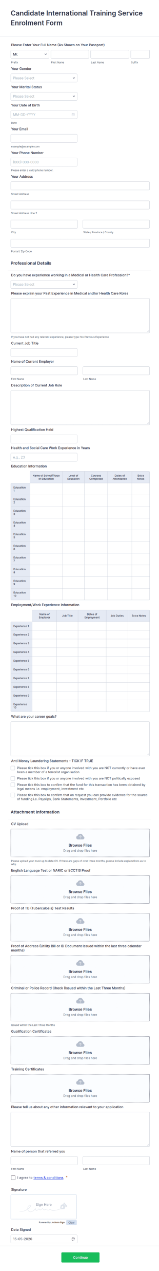 Candidate International Training Service Enrollment Form Template