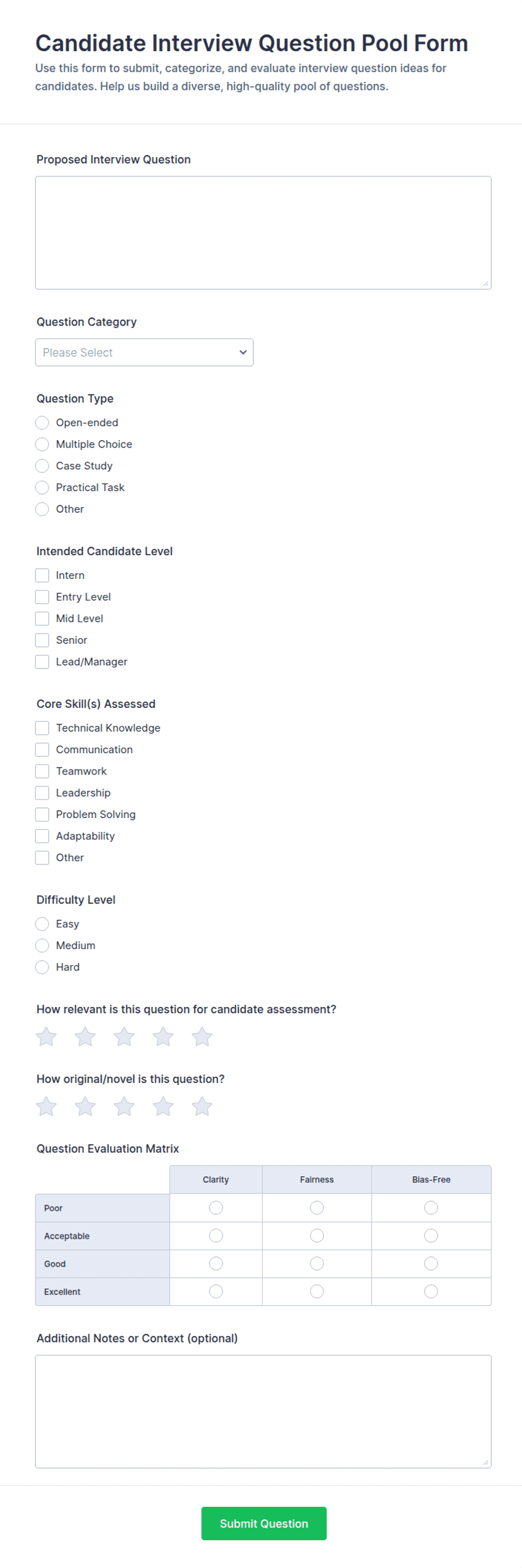 Candidate Interview Question Pool Survey Form Template | Jotform
