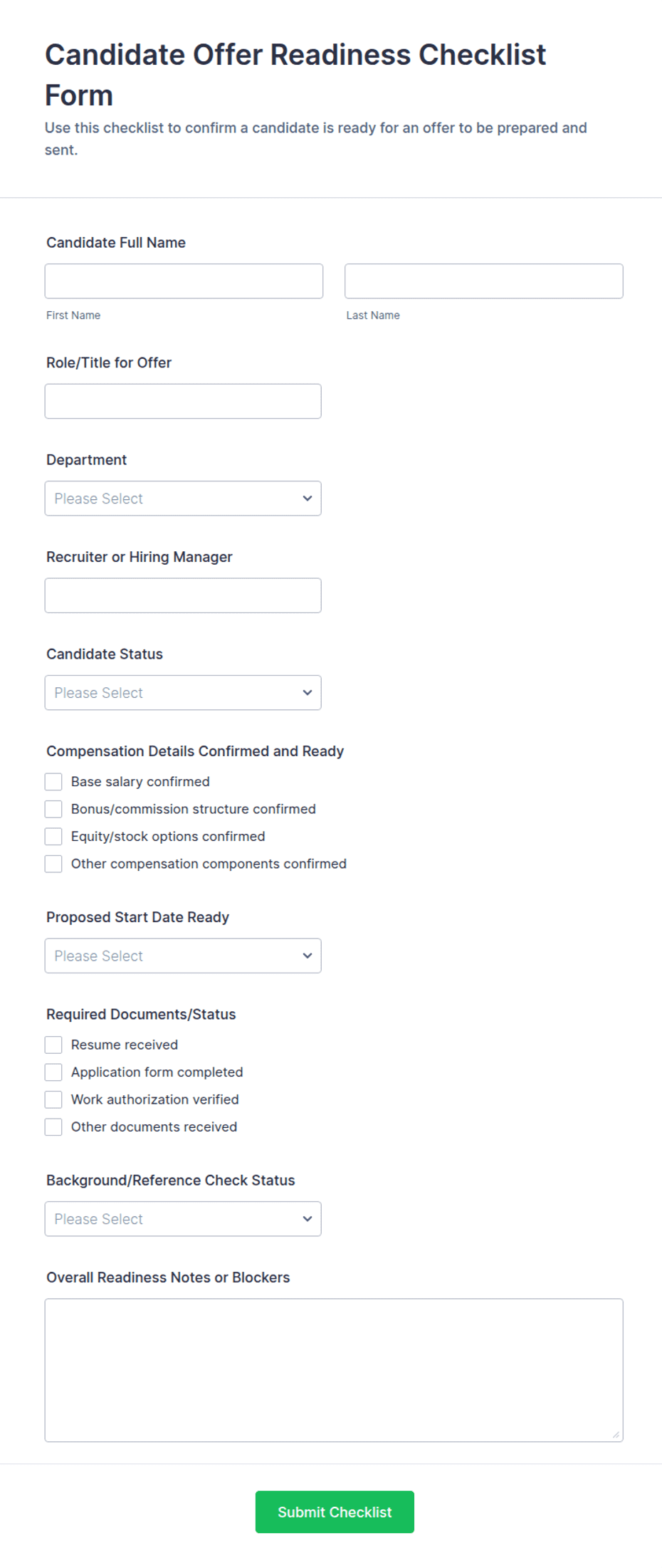 Candidate Offer Readiness Checklist Form Template | Jotform