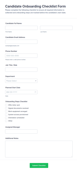 Candidate Onboarding Checklist Form Template