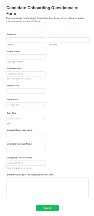 Candidate Onboarding Questionnaire Form Template