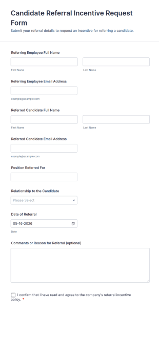 Candidate Referral Incentive Request Form Template