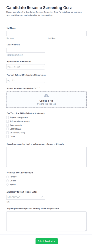 Candidate Resume Screening Quiz Form Template