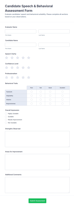 Candidate Speech & Behavioral Assessment Questionnaire Form Template