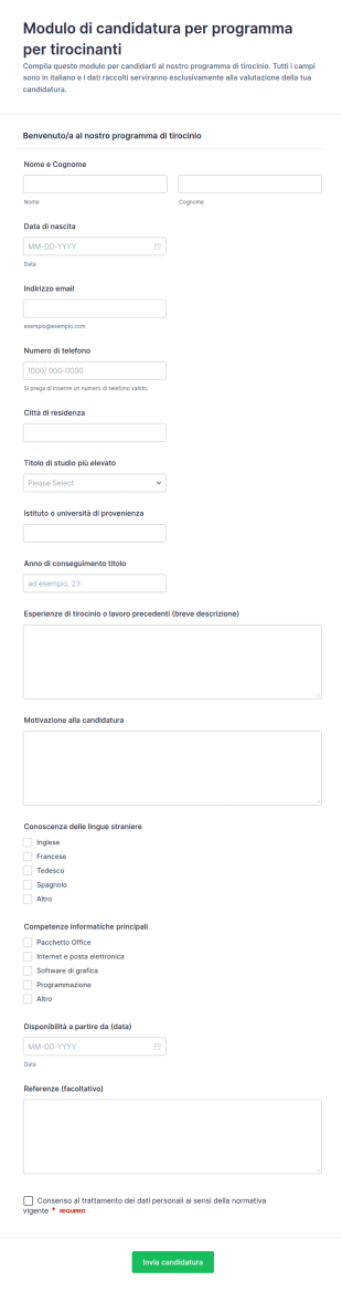 Candidatura Al Programma Di Tirocinio Form