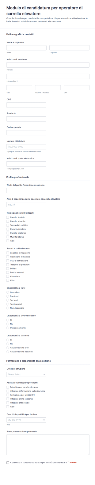 Candidatura Operatore Di Carrelli Elevatori Form