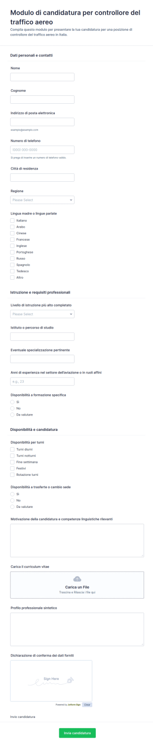 Candidatura Per Assistente Di Controllo Del Traffico Aereo Form
