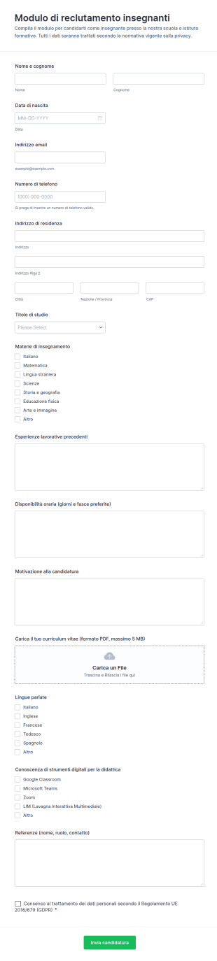 Candidatura Per Insegnante Form